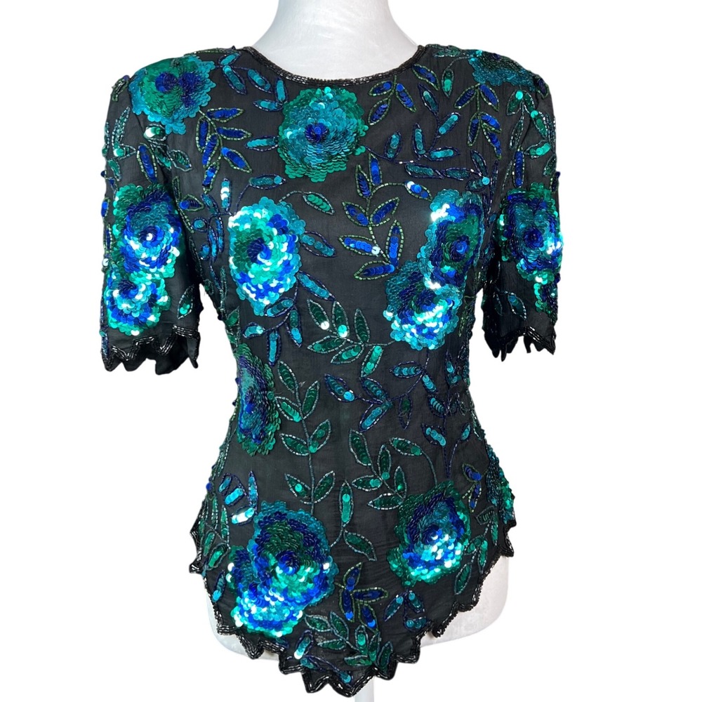 Vintage Laurence Kazar Black Silk Beaded‎ Sequins Floral Short Sleeve Top Size L